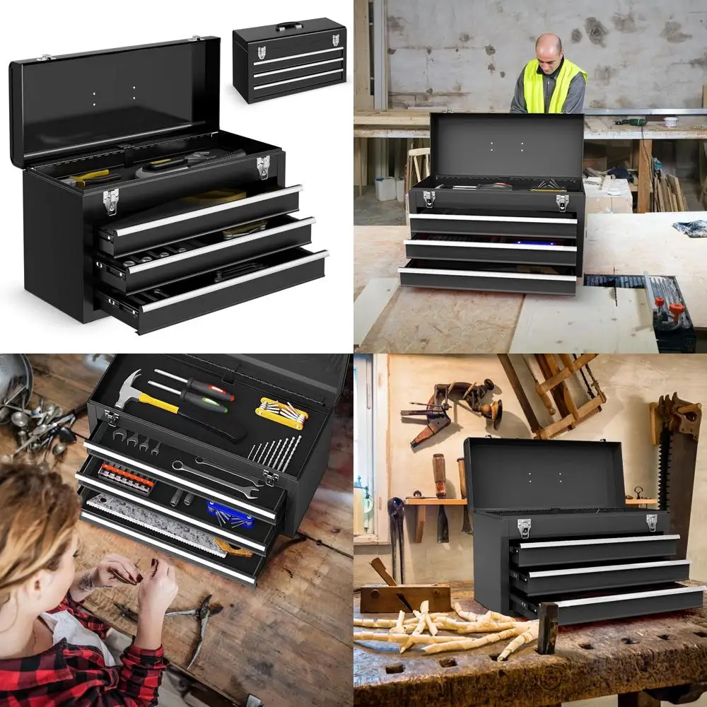 

Портативный металлический ящик для инструментов с 3 ящиками, 4 отделениями, 20,5 дюймов, с верхним лотком, автоматической блокировкой, защитным вкладышем и ручкой для гаража, мастерской, дома