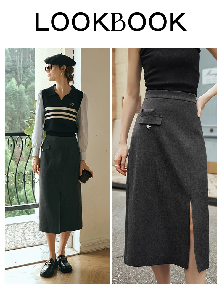 OLrain Damen-Midirock 2025, Herbst und Herbst, elegante Mode, hohe Taille, gerader Schlitzrock, einfache Damenbekleidung, O23QB82518