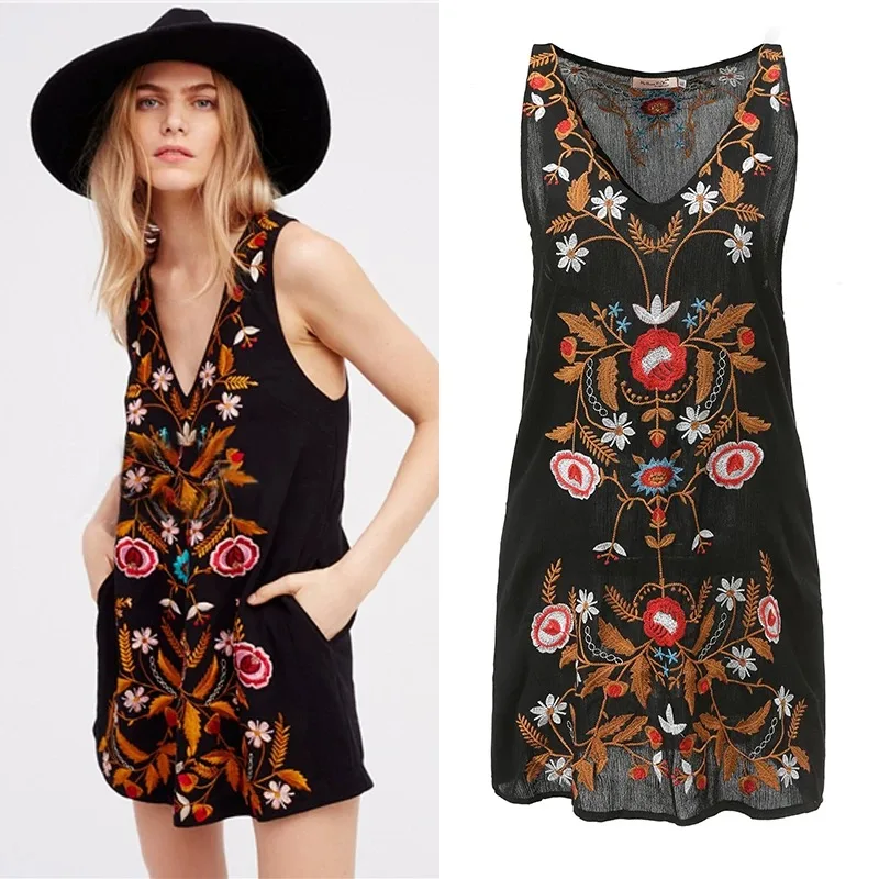 Sexy Beach Boho Mini Dress For Women Vintage Cotton Rayon Floral Embroidered Summer Dresses Sleeveless Strap Vestidos Robe SL168