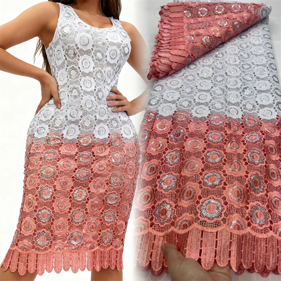 

African Guipure Lace Fabric 2026 High Quality Lace 5 Yards Embroidery Nigerian Cord Lace Fabric For Evening Party Dresses