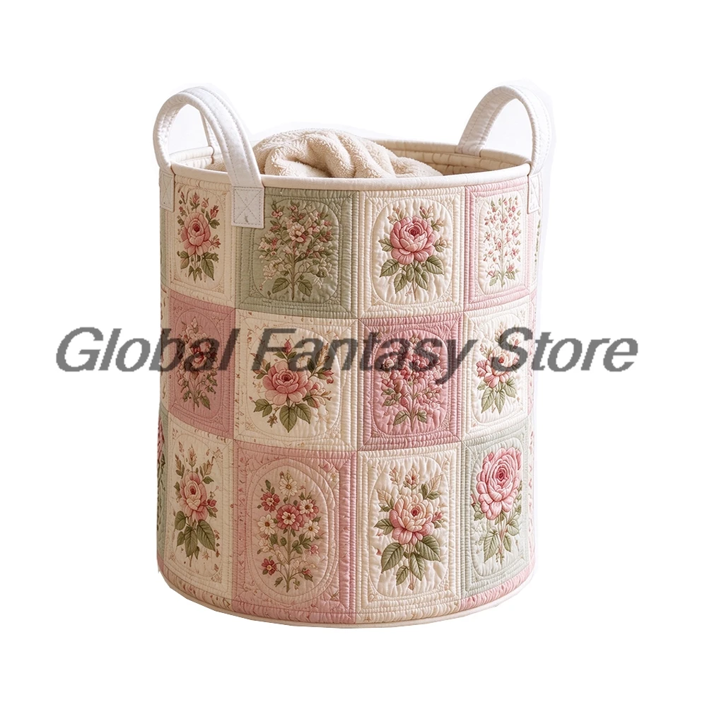 Vintage Floral Quilted Storage Basket With Handles Large Capacity Laundry Hamper Foldable Clothes Home Organizer Bin