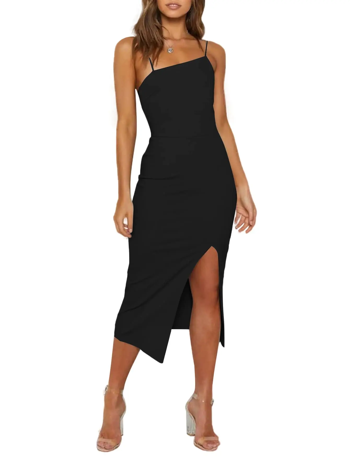 

Women's Spaghetti Strap Sleeveless Zipper Skinny Midi Dress Slit Hem Elegant Casual Maxi Gown for Summer