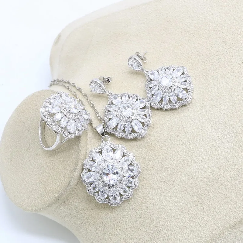 Floral White Zirconia Silver 925 Jewelry Sets For Women Drop Earrings Pendants Ring Wedding Luxury Jewellery Free shipping