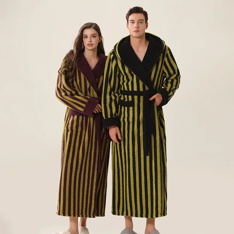 

Couple Women Men Casual Striped Kimono Bathrobe Winter Flannel Long Robe Thick Sleepwear Hooded Nightgown Male Loose Home Wear