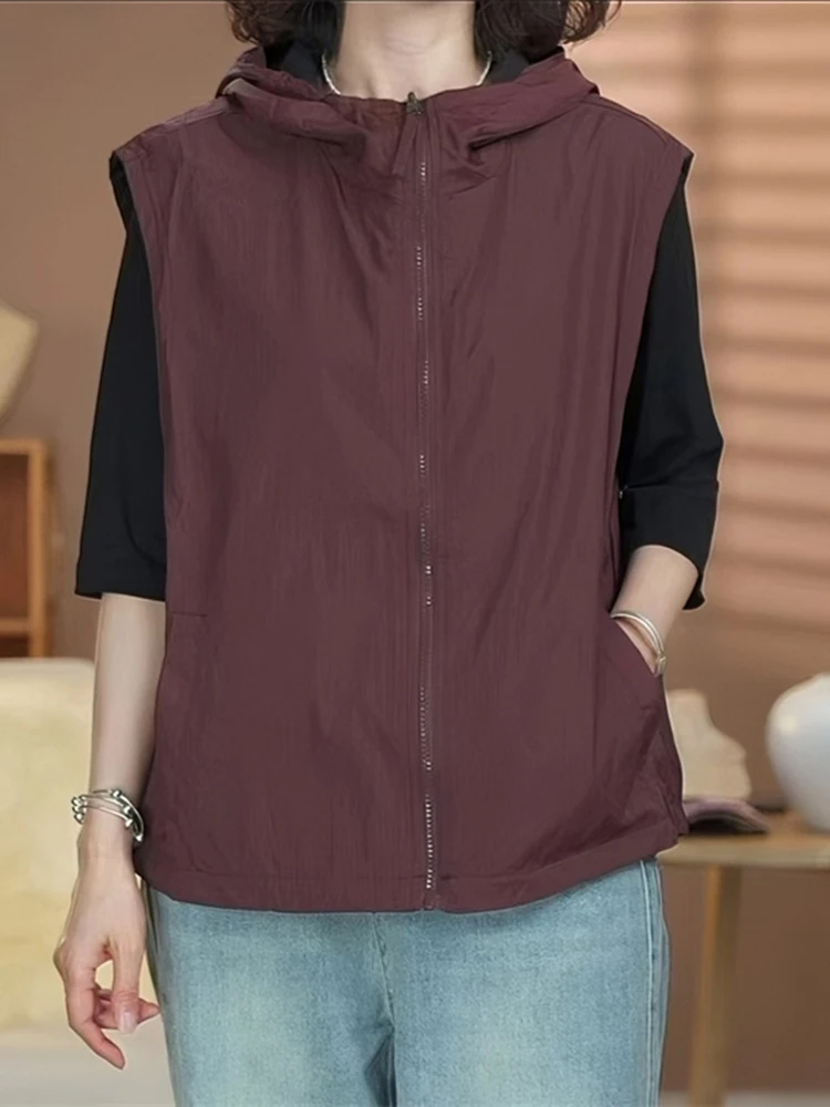 

Casual Zipper Hooded Women's Vest Two-Sided Wear Summer New Faion Svel Versatile Trendy Outerwear Top Commute Sle