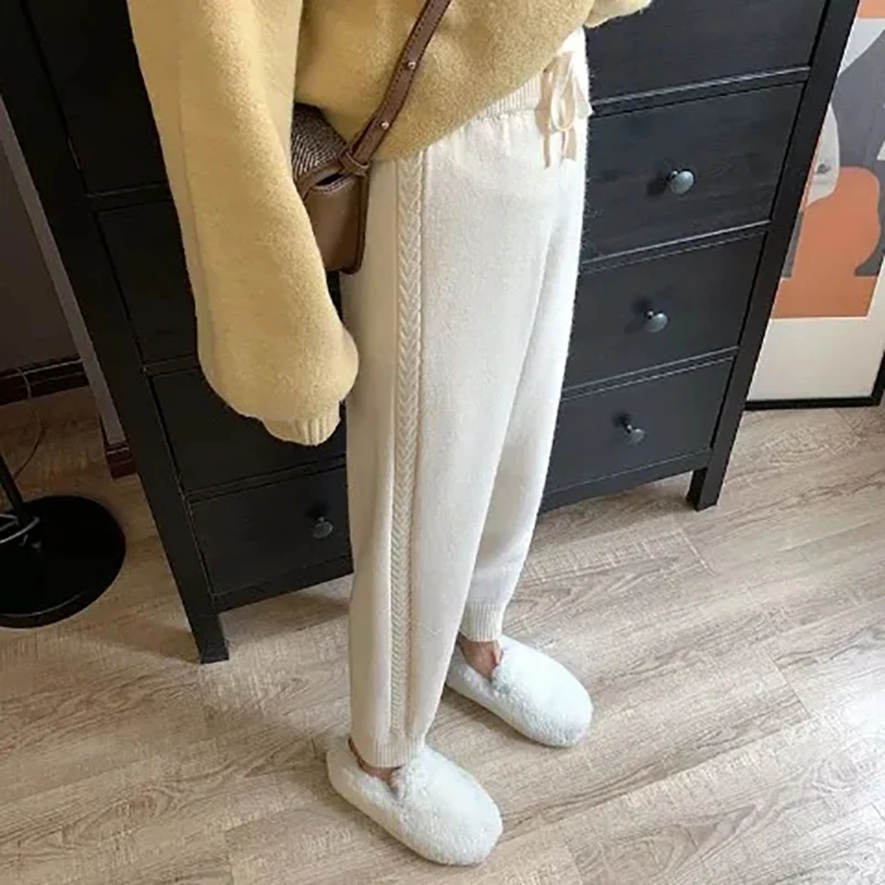 Autumn Winter Loose Drawstring Twist Knitting Pants Women Solid Color Thick Warm Harem Pants Fashion High Waist Streetwear Pants