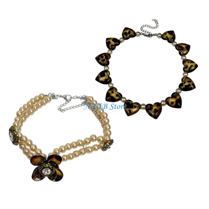 

T21F Fashion Forward Leopard Pearls Necklace Neck Adornment For Special Occasions