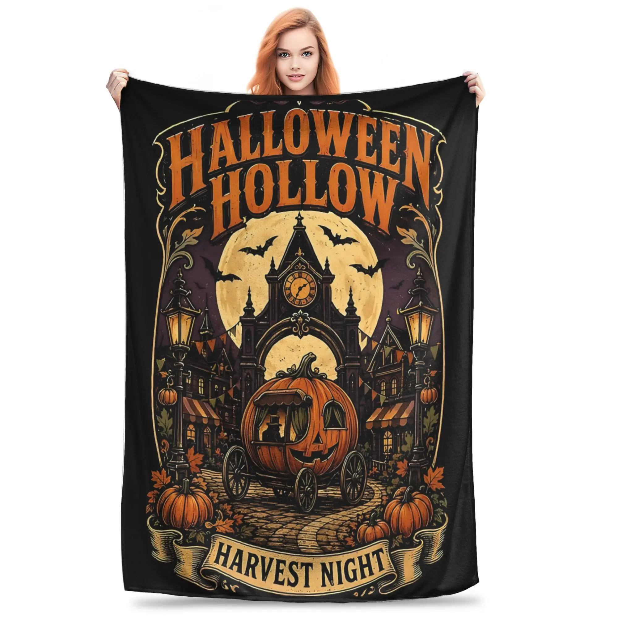 1PC Halloween Harvest Night Pumpkin Carriage  Winter Blankets for Adults Bedding Home Interior Sofa Knee