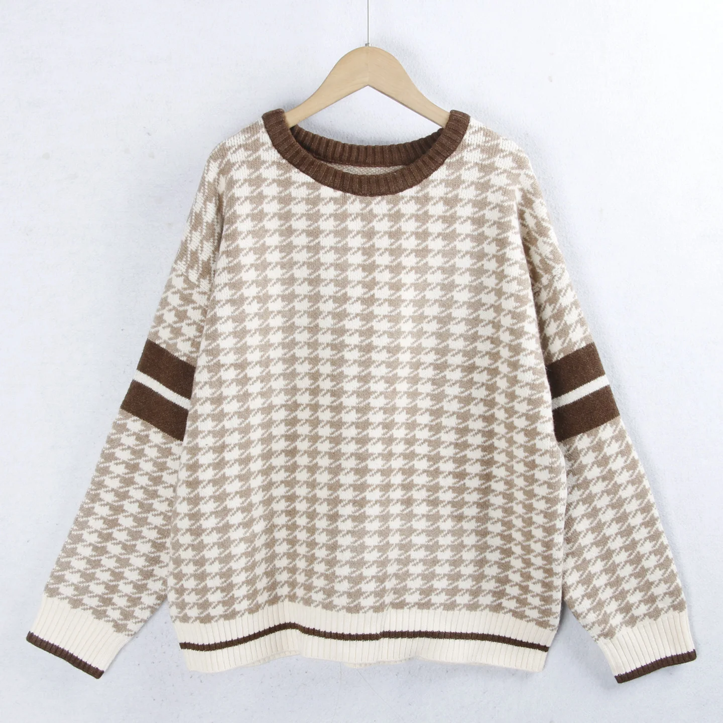 

Autumn Winter Knitted Sweater with Plaid Pattern Long Sve round Ne Thiened Casual Sle Polyester Fiber Women's Knitwear