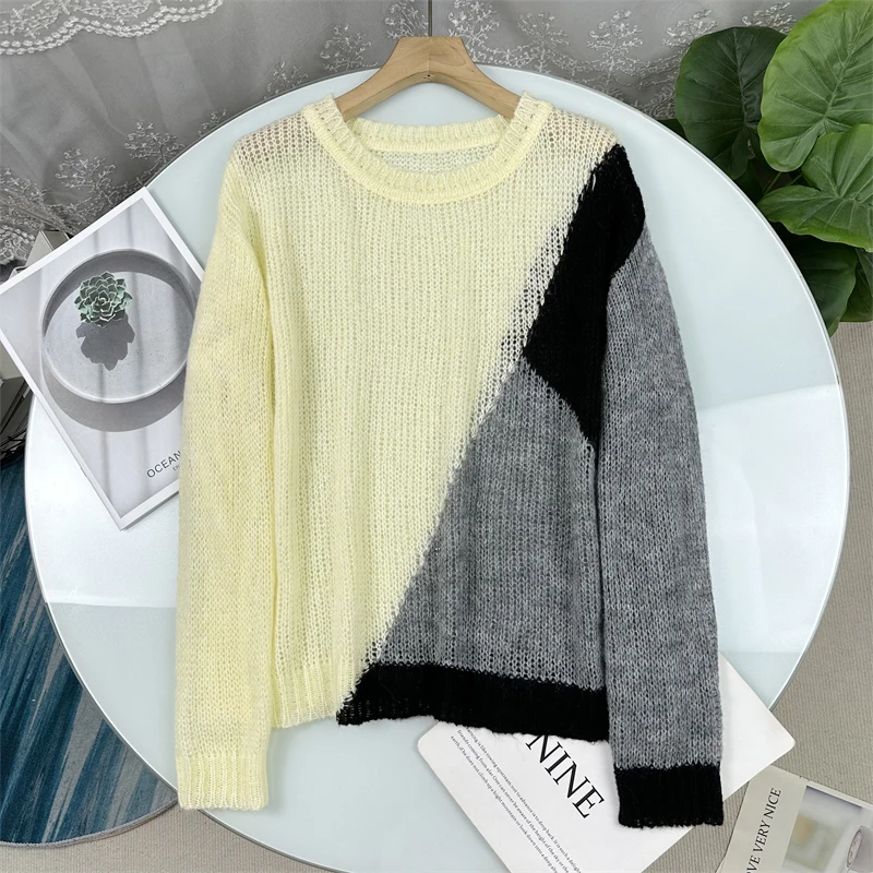 

Художественный вязаный свитер в стиле колор-блок из смесовой пряжи с узором «косичка», новинка ранней осени, модный женский уютный топ свободного кроя