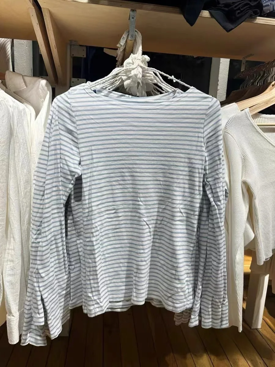 الأبيض الضوء الأزرق تي شيرت مخطط المرأة مغرفة الرقبة طويلة الأكمام سليم الأساسية تي شيرت الخريف بسيط عادية الحلو البلوز القمم تيز