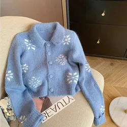 Korean Style Sweet Blue Crocheted Peter Pan Collar Cropped Sweater Cardigan Women's Autumn 2024 New Long-sleeved Top