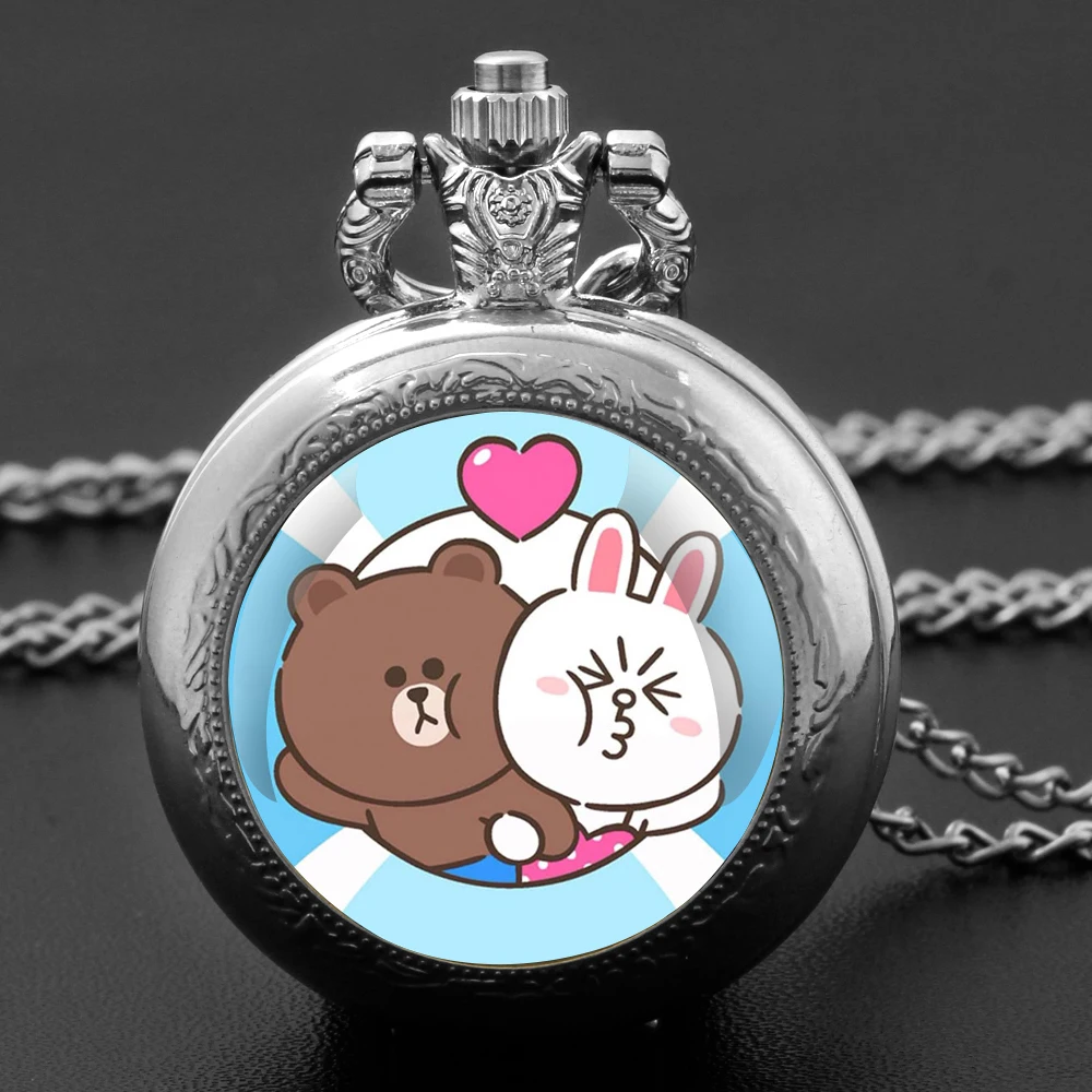 인기있는 귀여운 곰과 토끼 디자인 유리 돔 회중 시계 체인 목걸이 빈티지 석영 펜던트 시계 남성 여성 선물