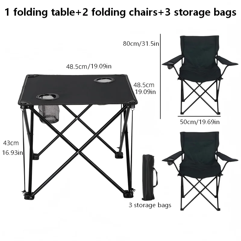 Mesa de camping portátil para exteriores, 6 uds., con dos sillas plegables y tres bolsas de almacenamiento, mesa de picnic con dos portavasos, suita