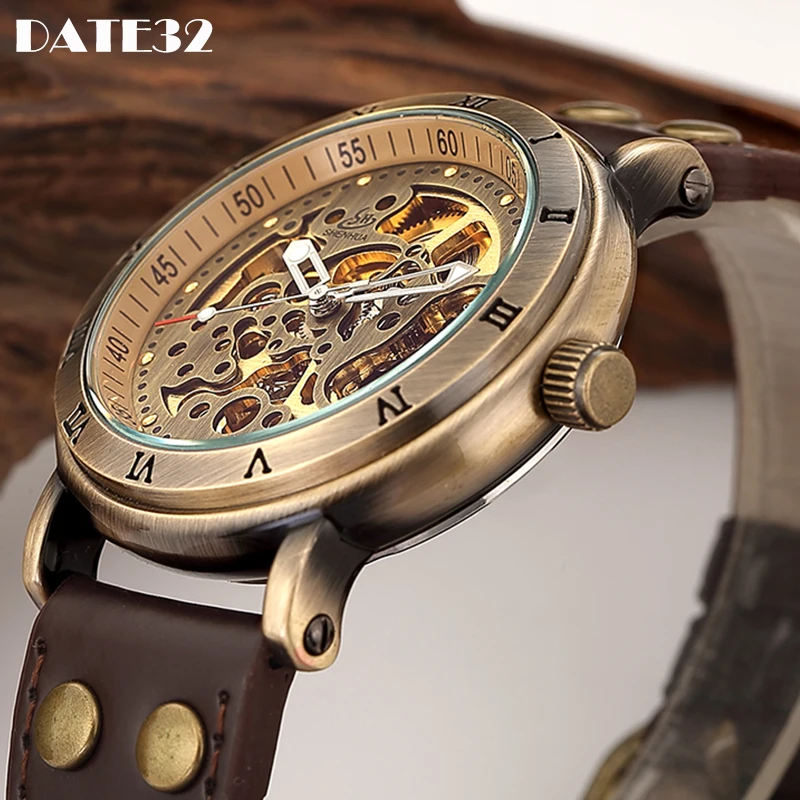 

Vintage Style Men Automatic Mechanical Watch Skeleton Steampunk Genuine Leather Brown Band Men Wristwatch Male Watches Man Clock