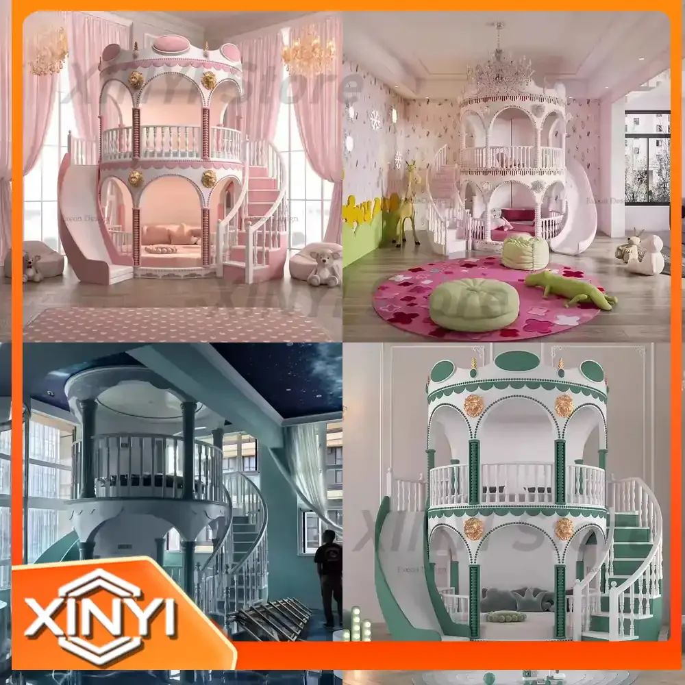 New Luxury Solid Wood Pink Castle Bunk Bed for Kids Bedroom for Girls for Princess Theme for Villa for Creative Childrens