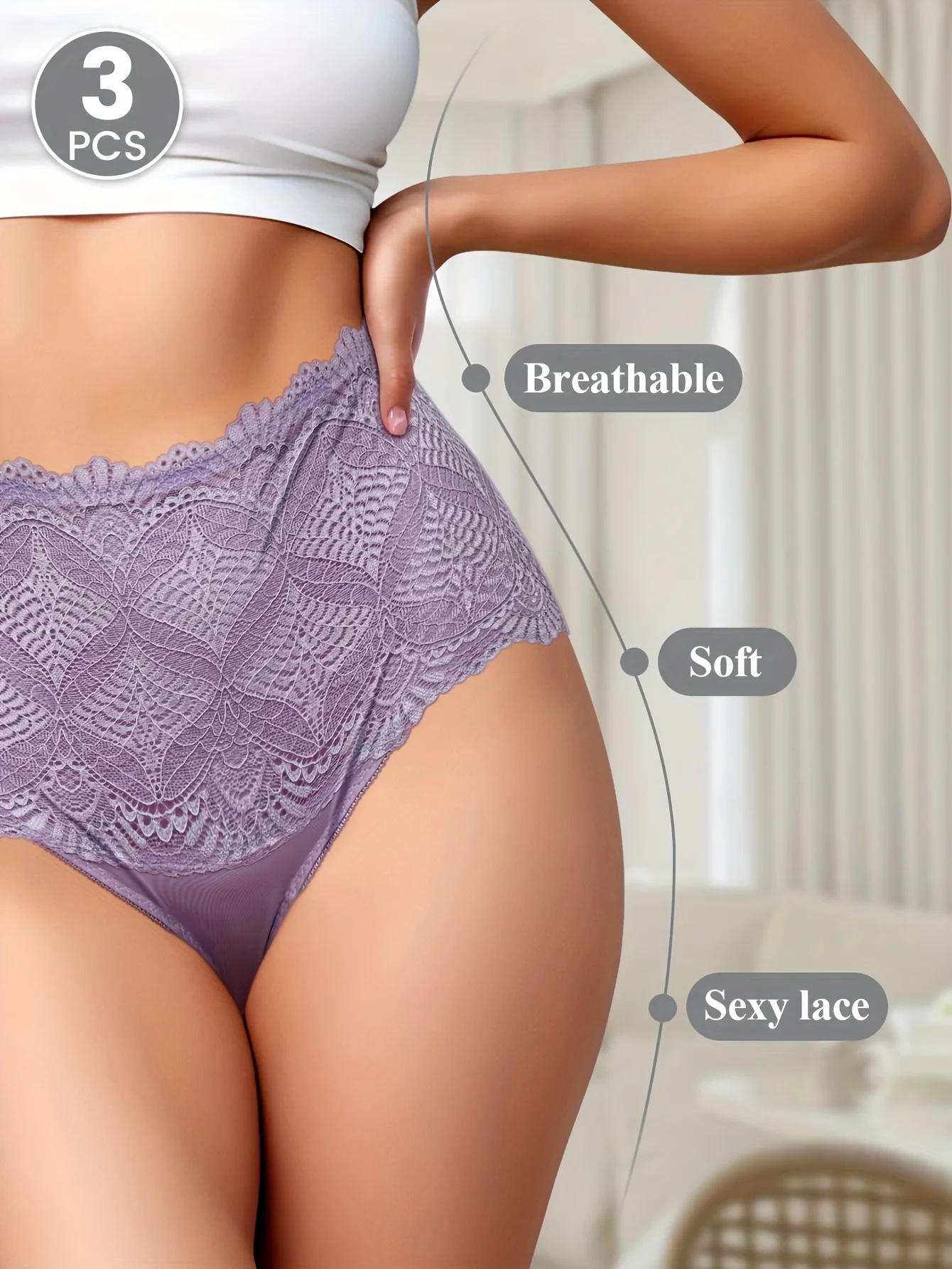 3pcs Women'S High-Waist Lace Panties - Elegant Floral Pattern, Tummy Control, Stretchy & Breathable, Sheer Design for