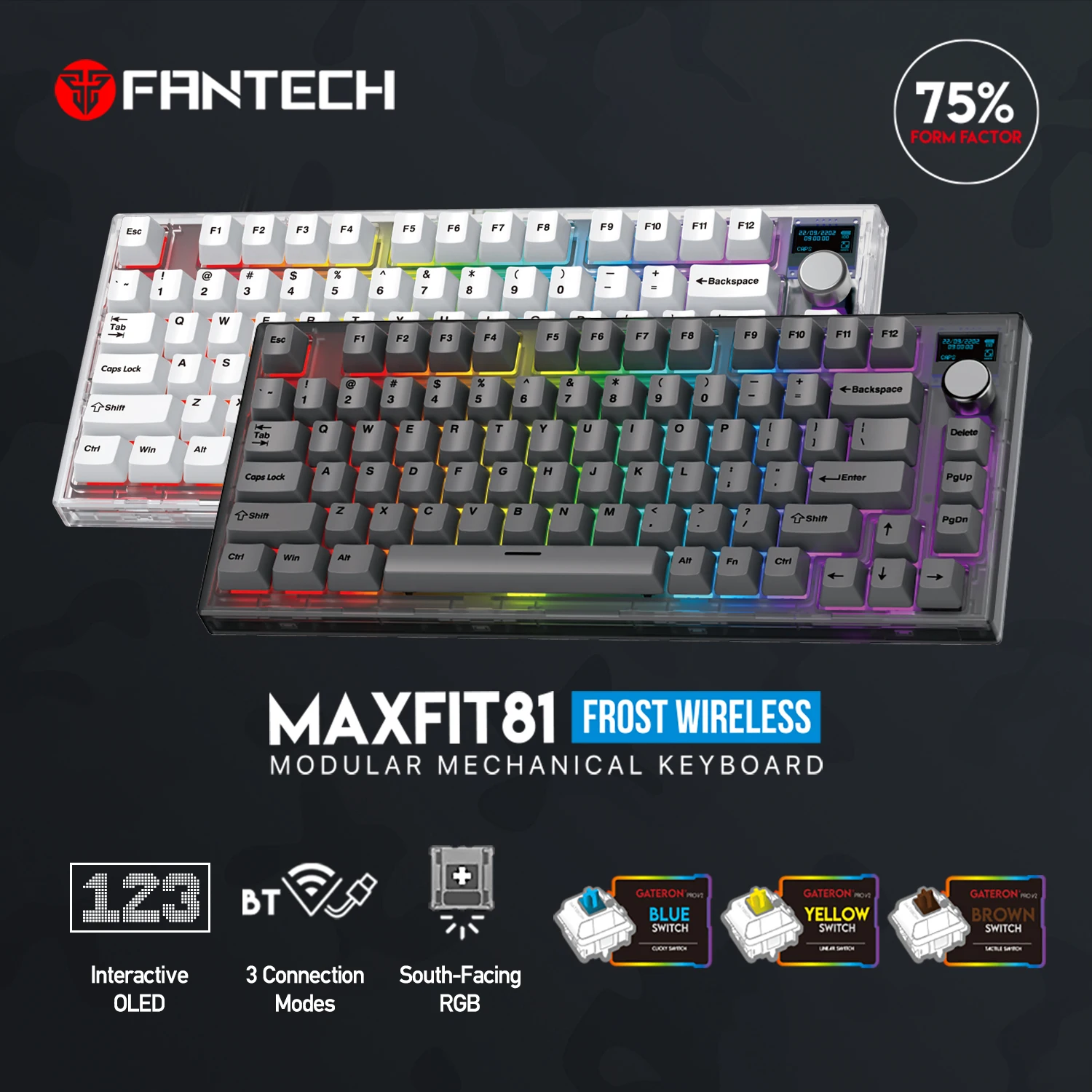 Fantech Maxfit81 Geada Teclado Mecânico sem Fio Prendido 2.4ghz & bt 5.2 Swap Quente sem Fio Pbt Rgb Teclado para Teclado Gamer
