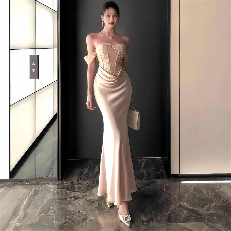 Vestido trompeta elegante de retazos de satén para mujer, ropa Vintage con hombros descubiertos, Vestidos elegantes para fiesta de cumpleaños para mujer, ceñidos
