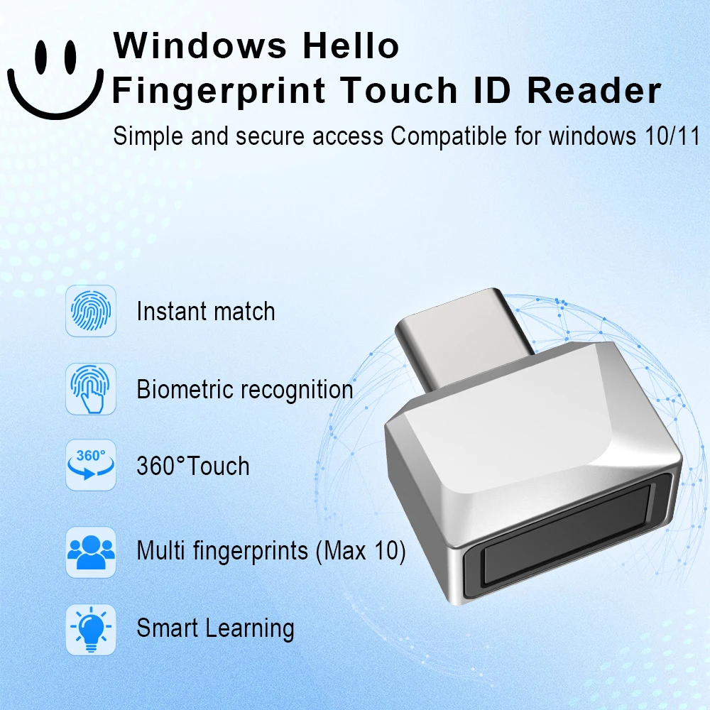 Type C Windows Hello Touch ID Biometric Key with Metal Shell Auto Driver Installation for Password-Free Login & Laptop/desktop