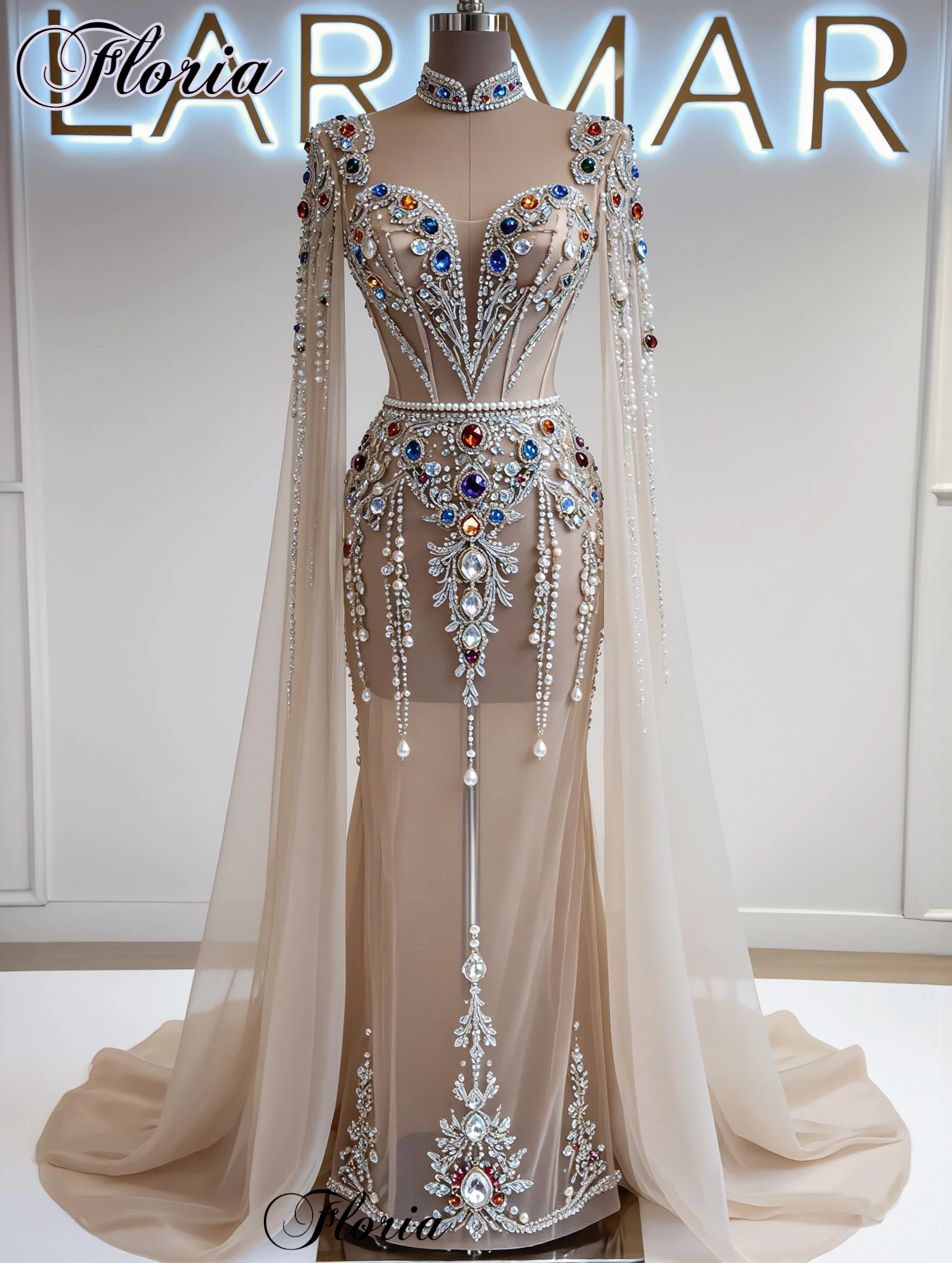 Arabic Full Hand Sewing Crystals Evening Dresses Mermaid Long Sleeves Celebrity Dresses For Women Vestidos De Fiesta Customized