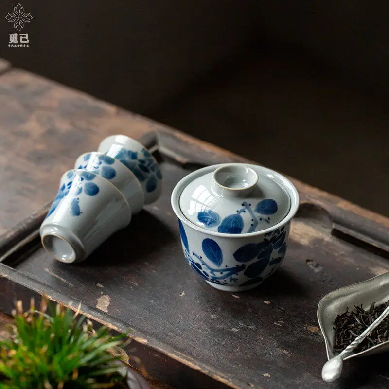 Hand Painted Blue and White Persimmon Gaiwan, Chinese Ceramic Lidded Tea Bowl for Traditional Brewing and Modern Tea Spaces