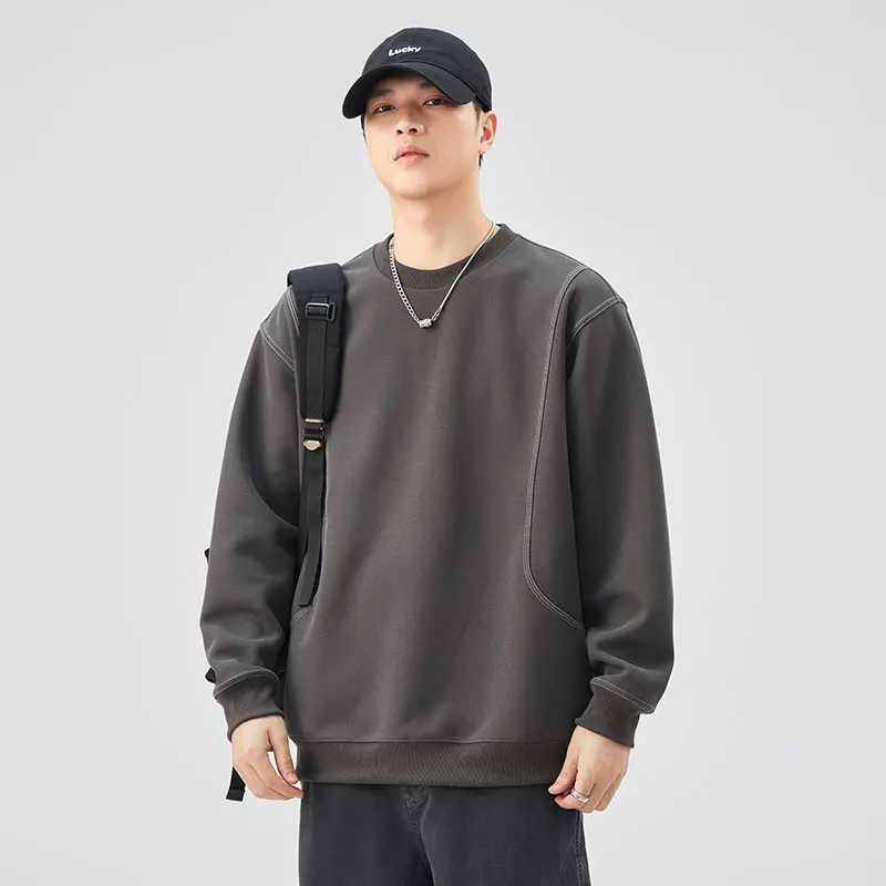 round Neck Sweater Bright Line Design Loose Solid Color Street Men and Women Same Style All-Matching Casual 2024 New Top