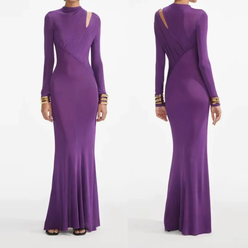 CHUJIE 2025, Frühherbst-Strickkleid im französischen Stil in Lila – Sexy figurbetontes, schmal geschnittenes, langes, elegantes Kleid, Viskose-Mischung