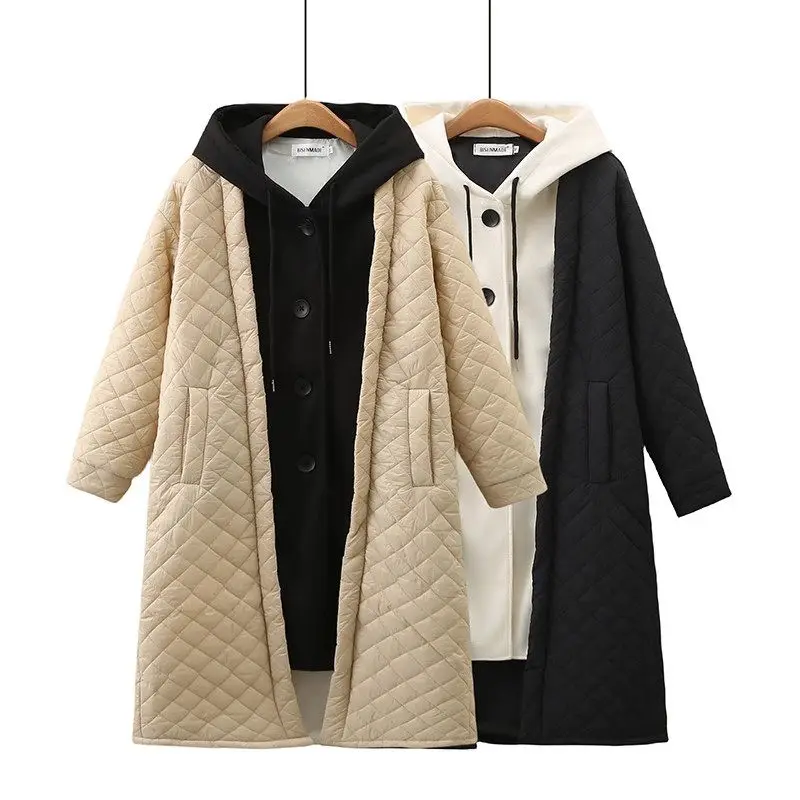 Winter Korean Coat Fashion Lady Warm Overcoat Hooded Medium Length Woolen Patchwork Diamond Plaid Oversized Cotton Jacket Z3213