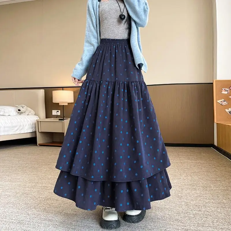 Semi Rok Vrouwen Herfst Winter Nieuwe Taart Rok Hoge Taille Dubbellaags Slanke Retro Bloemen Pluche Voel Grote Zoom Midi Rok Schattig