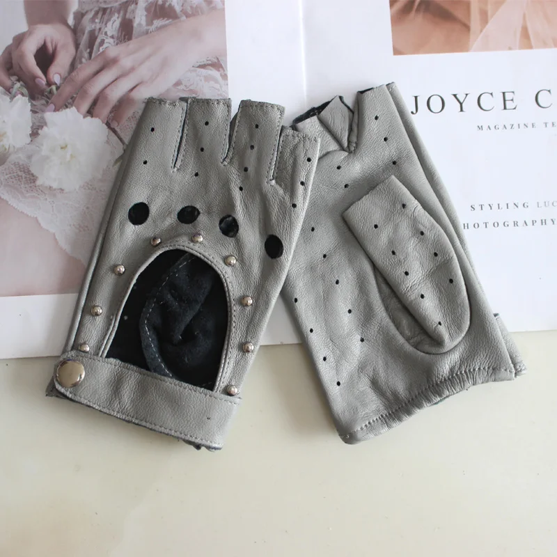 New Women's Sheepskin Half Finger Gloves Thin Style Unlined Rivet Style Colored Genuine Leather Driving Gloves