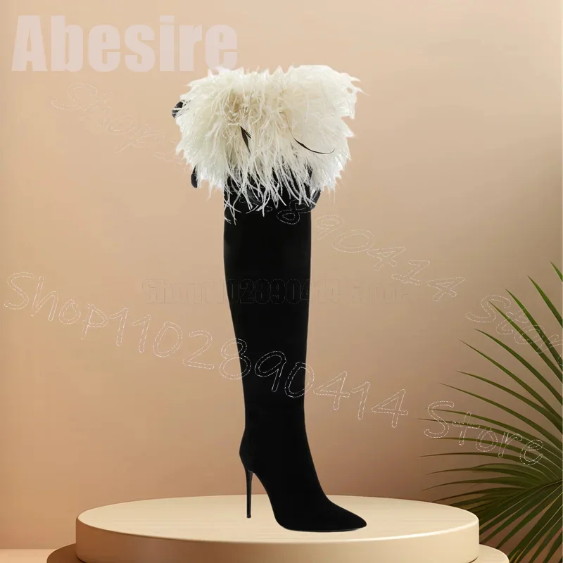 

White Feather Decor Black Pointed Toe Boots Side Zipper Women Shoes Thin High Heels Party Feast Dating 2025 Zapatos Para Mujere