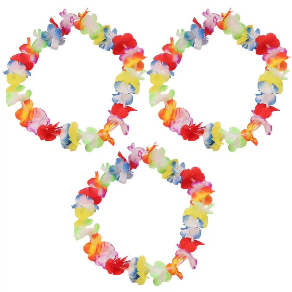 Glow In The Dark LED Necklace Artificial Flower Rainbow Lei Hawaii Lei Tropical Design Light Up Flower Wreath Wedding Decoration