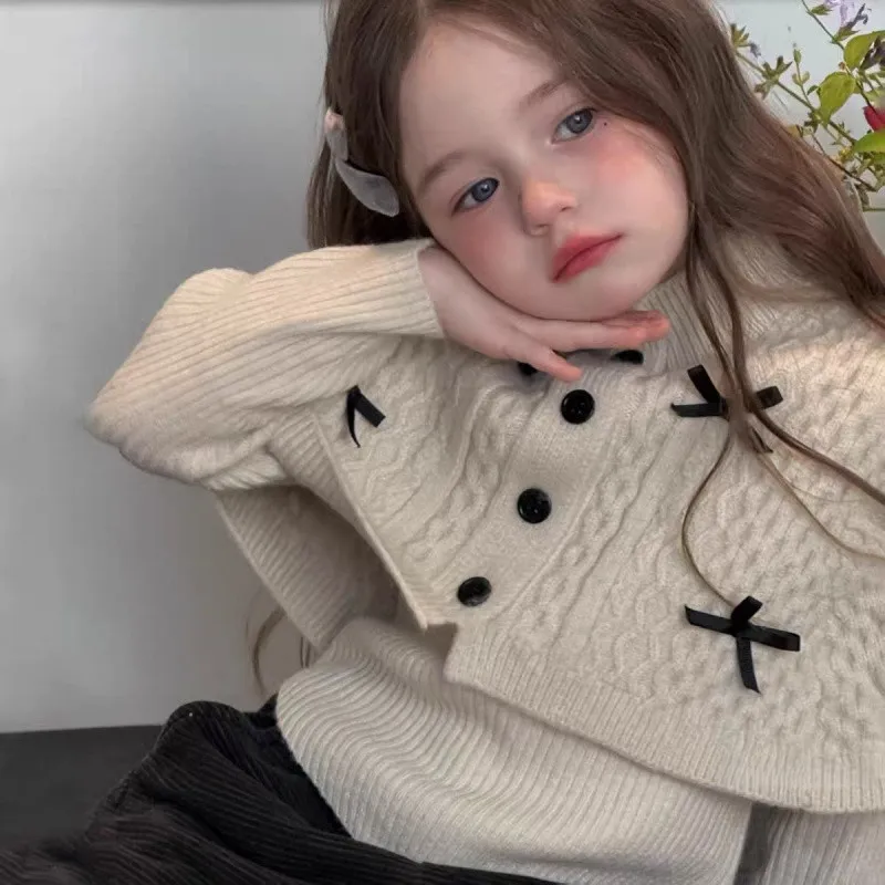 Spring and Autumn Girls' Korean Version Bow Cloak Sweater Children's Western Knitted Sweater Coat Top