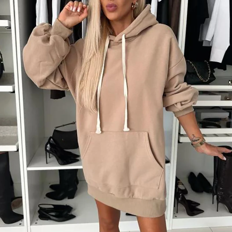 Elegant Drawstring Loose Pullover Hoodie Winter Women Causal Long Sleeve Solid Sweatshirts Fall Fashion High Street Pocket Tops