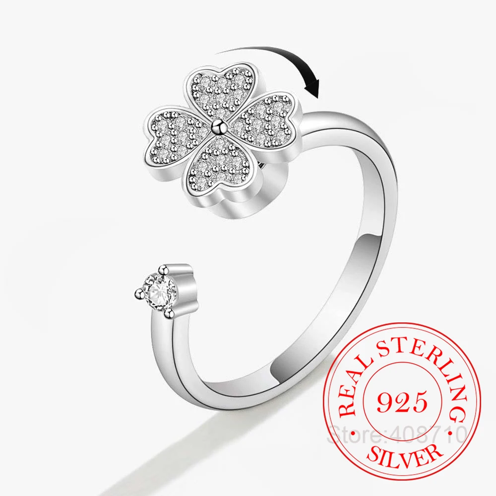 

Стерлингового Серебра 925 пробы с кристаллами циркона, вращающиеся 4-листные клеверные кольца на палец для женщин, свадебные, помолвочные, вечерние, очаровательные ювелирные изделия