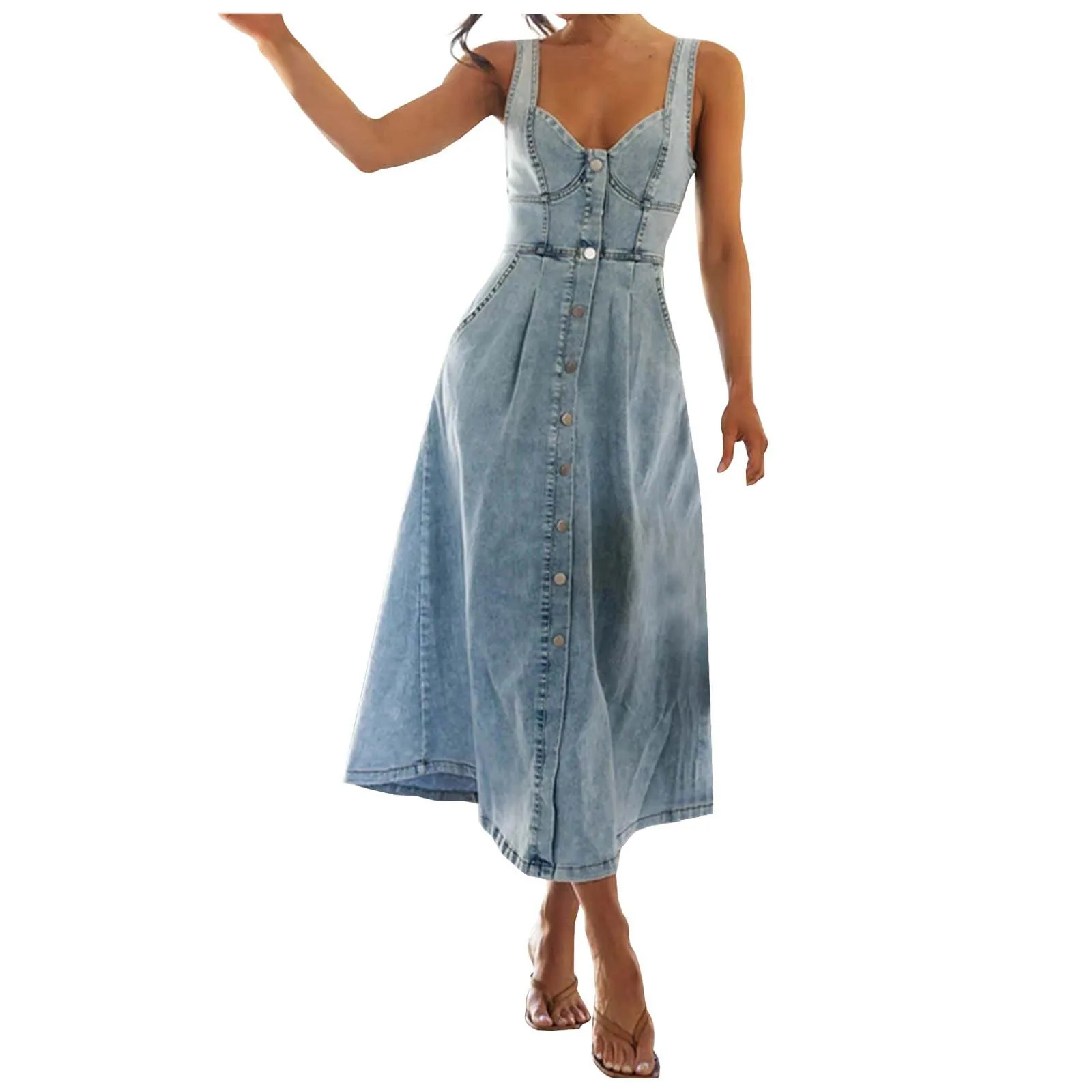 Vintage Denim Dress For Women Spaghetti Straps Maxi Dresses For Casual Spring Summer V Neck High Waist A Line Dresses Streetwear