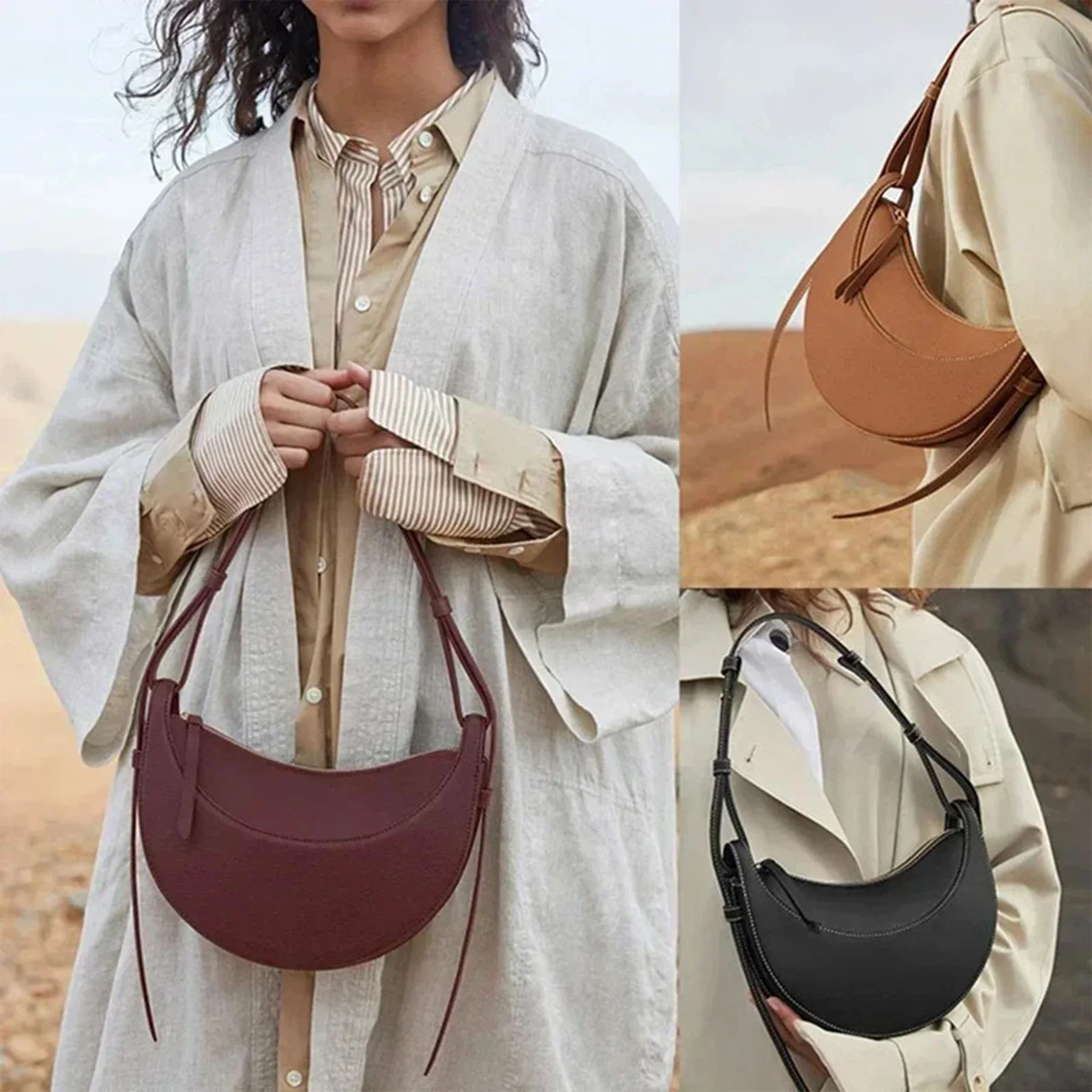 2025 New Women Crossbody Bag Retro Fashion Black Leather Crescent Bag Lightweight Design Ladies Shoulder Bag