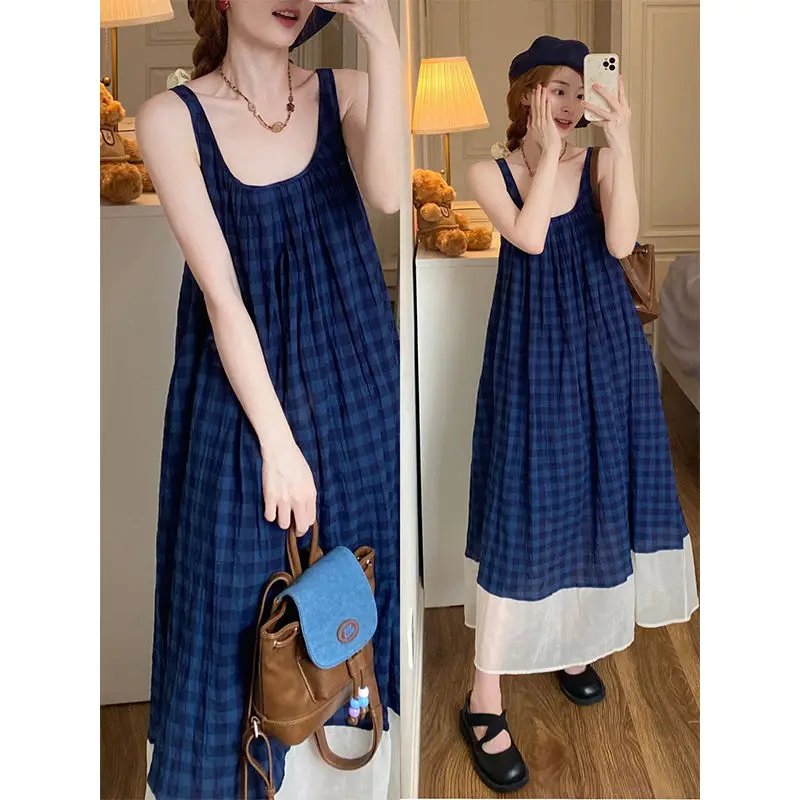 Korobov French Vintage Robe Blue Plaid Sleeveless Square Collar Dress Women Vestidos Casual Loose Slim Suspenders Y2k Dresses