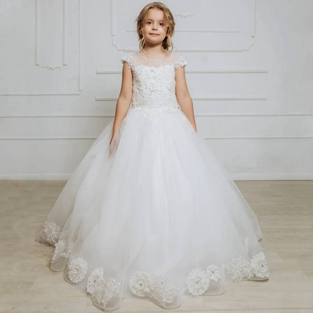 Customized Flower Girl Dress White Tulle Floral Appliques Flowers For Wedding Birthday Party Prom Banquet Holy Communion Gown