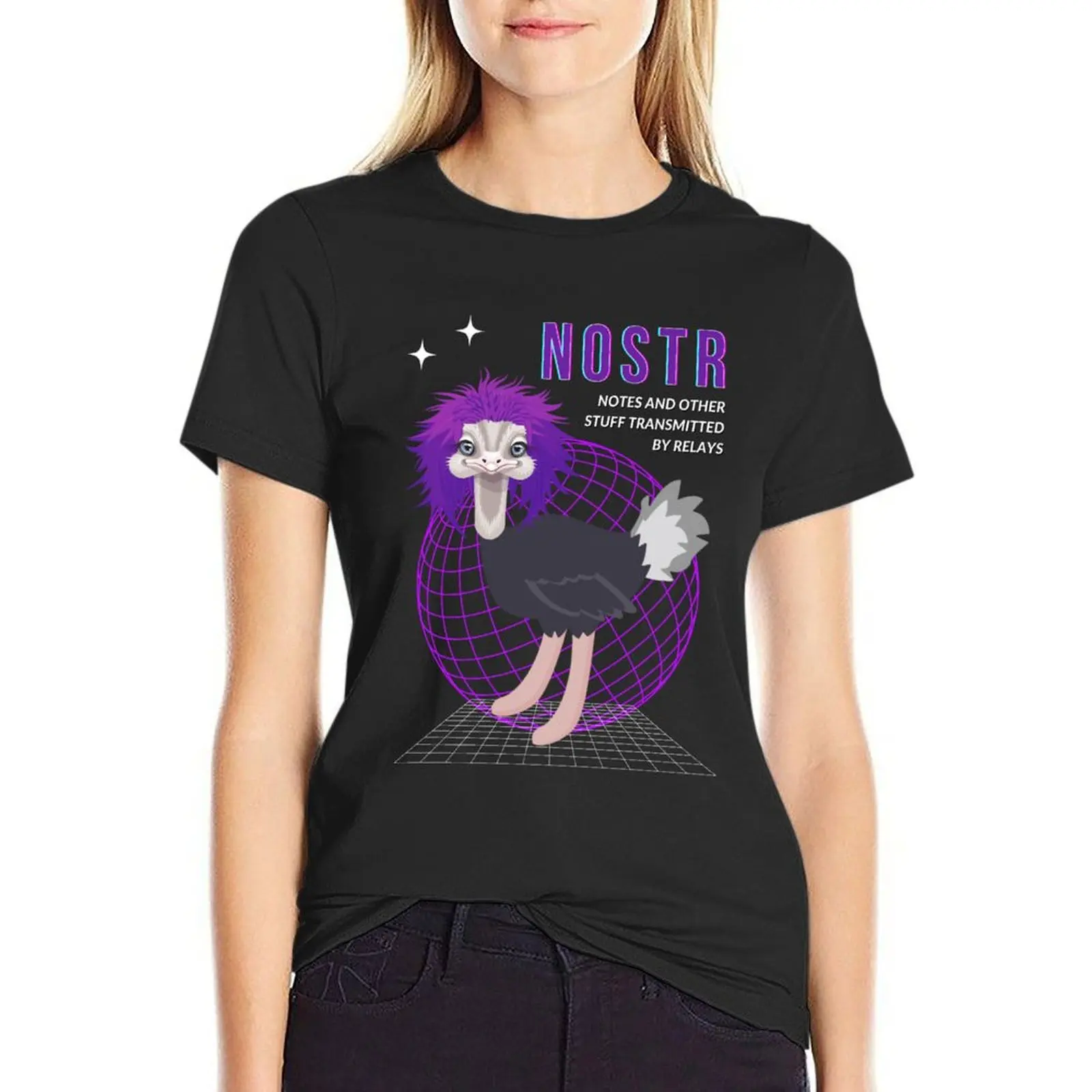 Nostrich NOSTR Ostrich with Messy Purple Hair T-Shirt anime oversized Blouse summer top Woman clothing