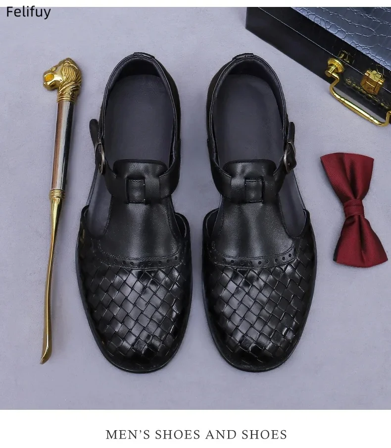 Retro Woven Pattern Leather Sandals Men First-Layer Cowhide Summer Genuine Leather Cowhide Work Buckle Strap Breathable Slippers