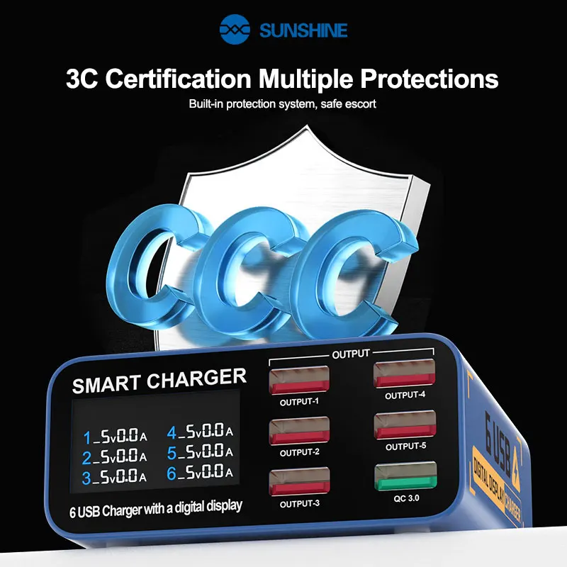 SUSNHINE SS-304Q 6-Port USB-Digitalanzeige Schnellladung QC3.0 Intelligentes Schnellladen für das Aufladen von Telefon-Tablet-Uhren – Detail 14