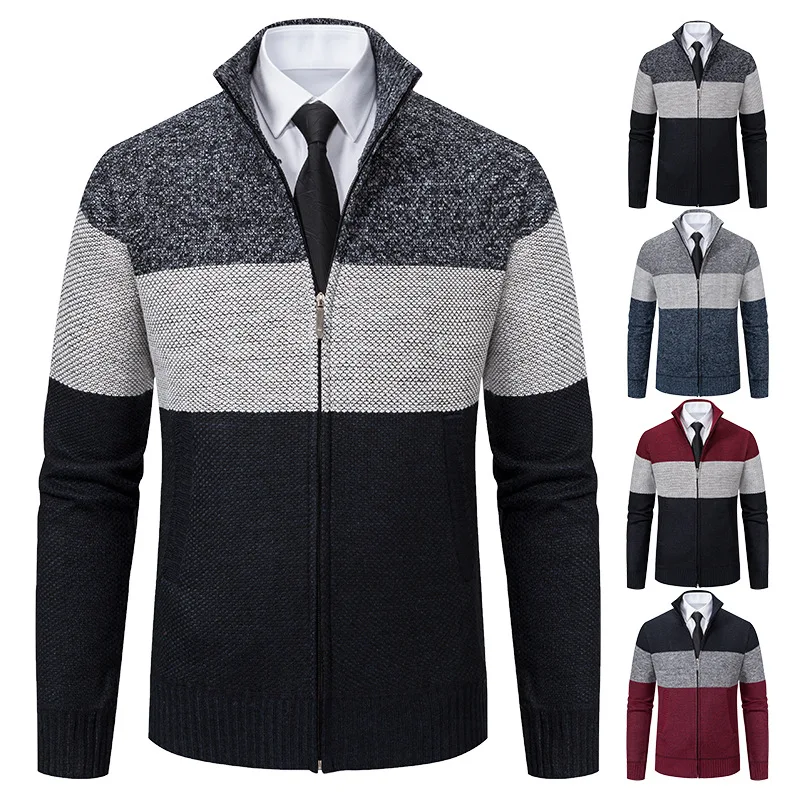 

Men's knitted zippered cardigan autumn new color matching jacket casual fashion knitted cardigan trendy men's standing collar sw