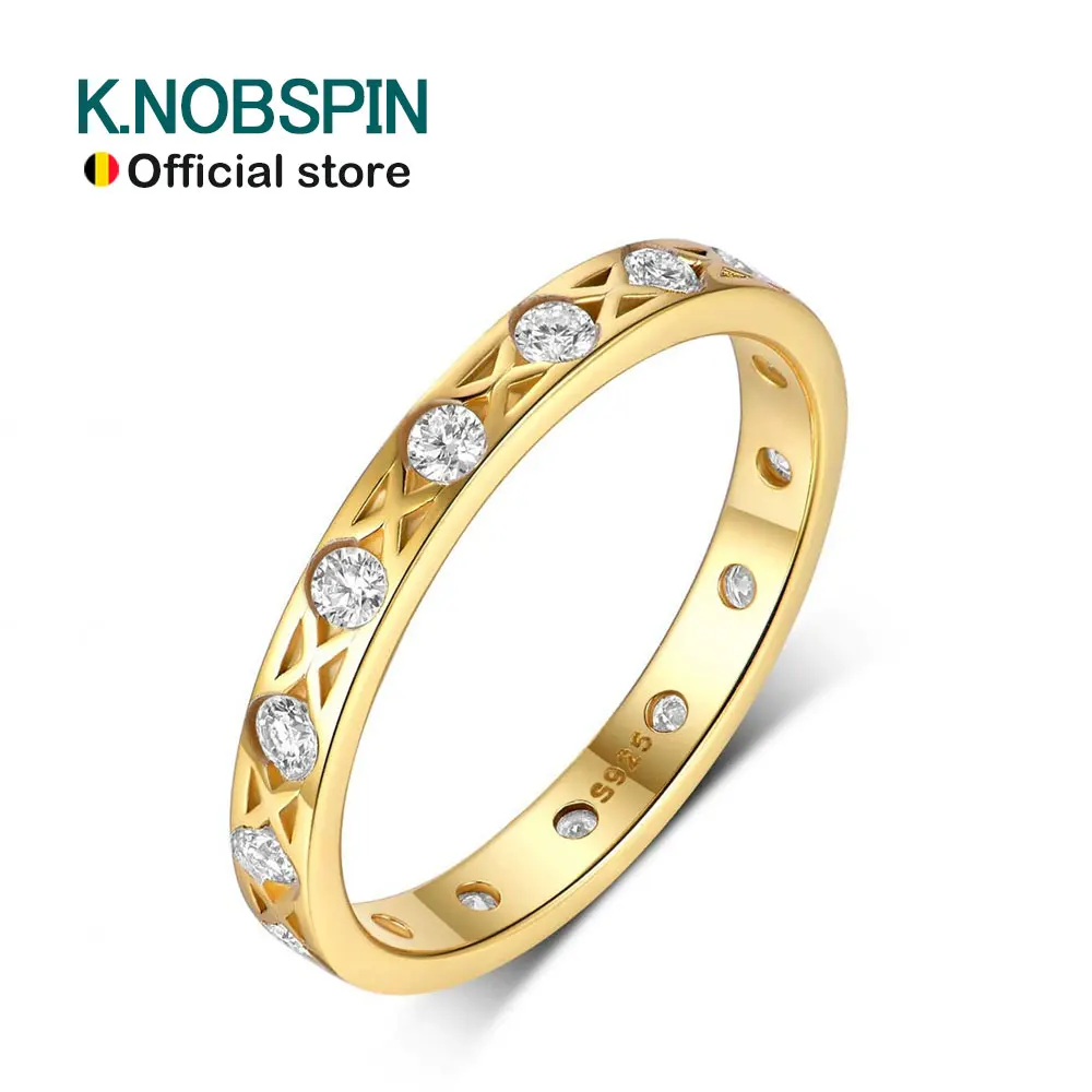 

KNOBSPIN Moissanite Eternity Band Ring 18K Gold Plated 925 Sterling Silver Hollow Lace Stackable Wedding Promise Rings For Women