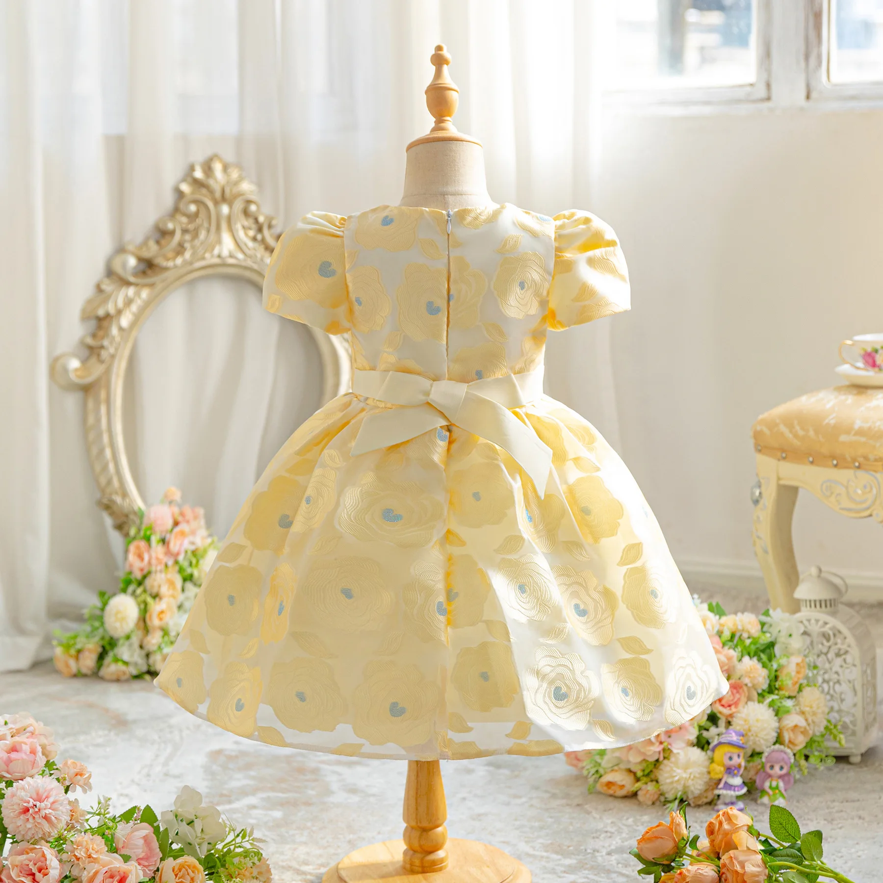 Floral Printed Dresses Children Fashion Short Sleeve Princess Dress Girls  Birthday Party Kids Evening Gown Spring Summer