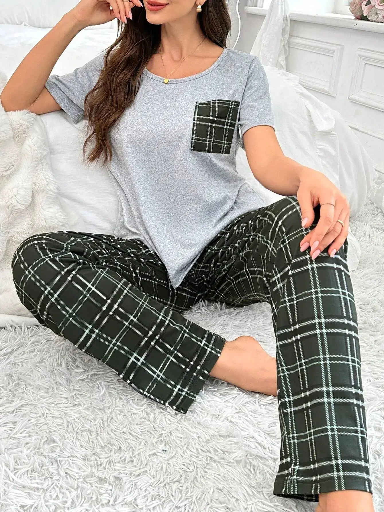 Autumn Winter Pajamas Set for Women's Sleepwear Homewear Bow Short-Sleeved T-shirt and Long Pants Pijamas Loungewear