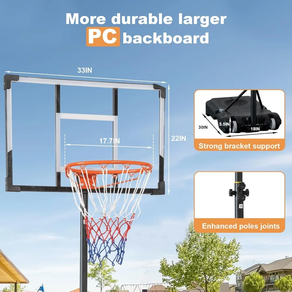 Aro de baloncesto ajustable para exteriores de 5-10 pies con manivela manual, tablero trasero de PC de 33/44 pulgadas, ruedas para estabilidad y portabilidad