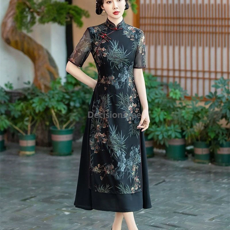 

2025 chinese style improved ao dai qipao dress summer autumn new retro literature art qipao elegant temperament vietnam ao dai
