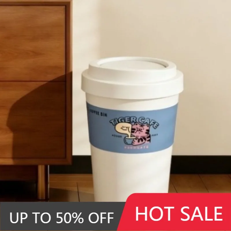 Household Trash Can Creative Coffee Cup Shape Trash Bin Rolling Cover Type Litter Bins Circular Home Decoration Storage Bucket